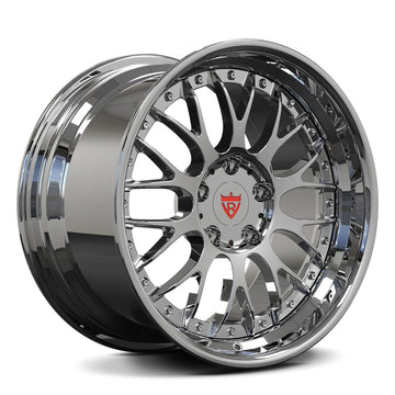 Custom 2 piece deep lip forged wheels, chrome finish, suitable for luxury vehicles like Ferrari and more.
